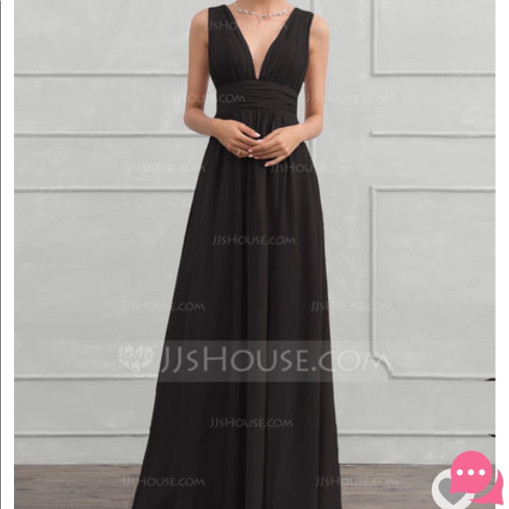 Black A-Line V-neck Floor-Length Chiffon Dress